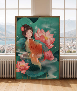 Charmante illustration d'une fille se reposant parmi des fleurs de lotus