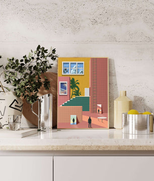 Surreale Architekturlandschaft mit tropischen Elementen und abstrakten Figuren