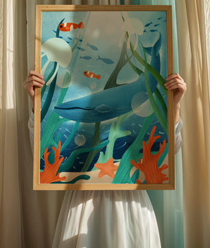 Underwater scene with whale, fish, and sea plants illustration