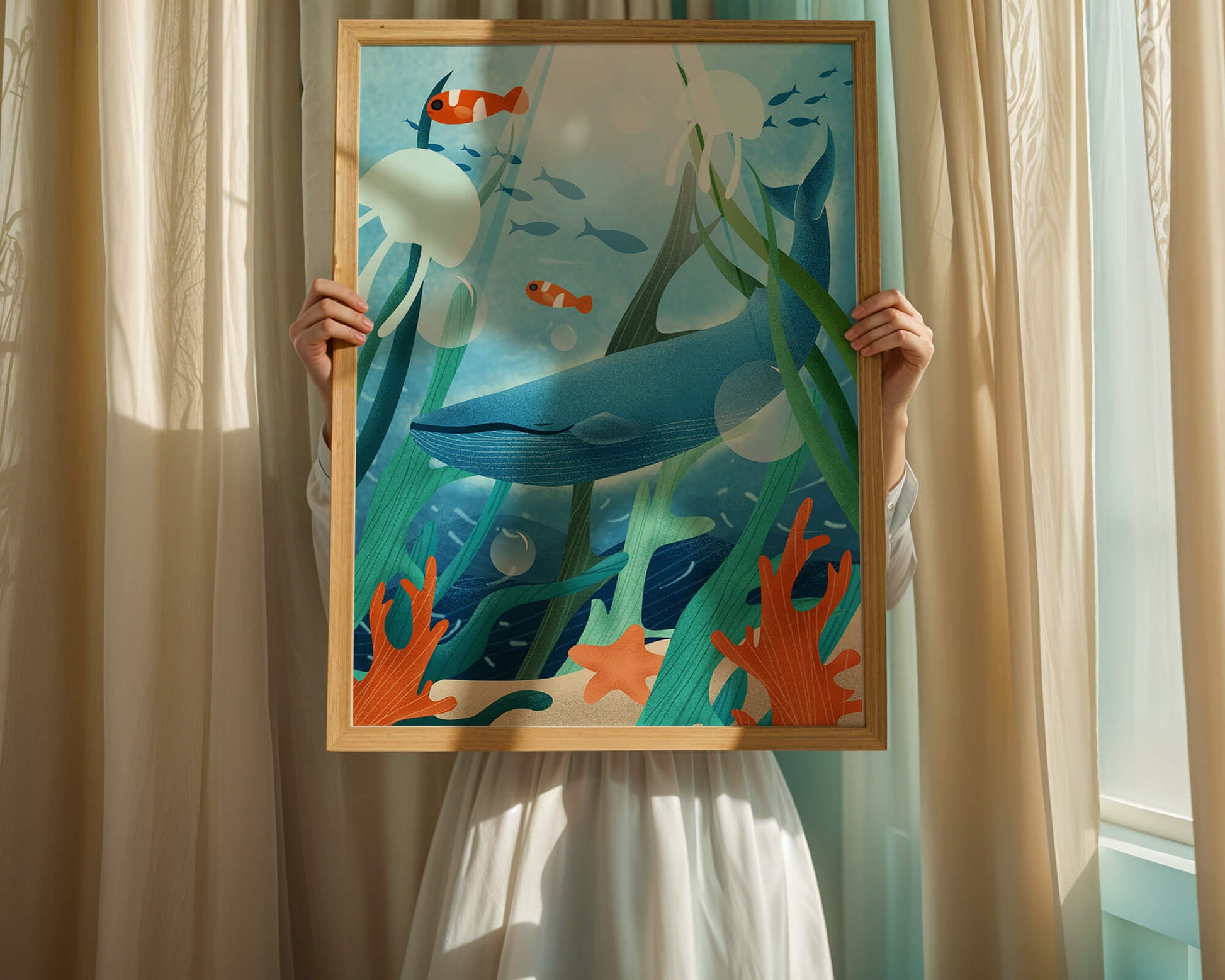 Underwater scene with whale, fish, and sea plants illustration