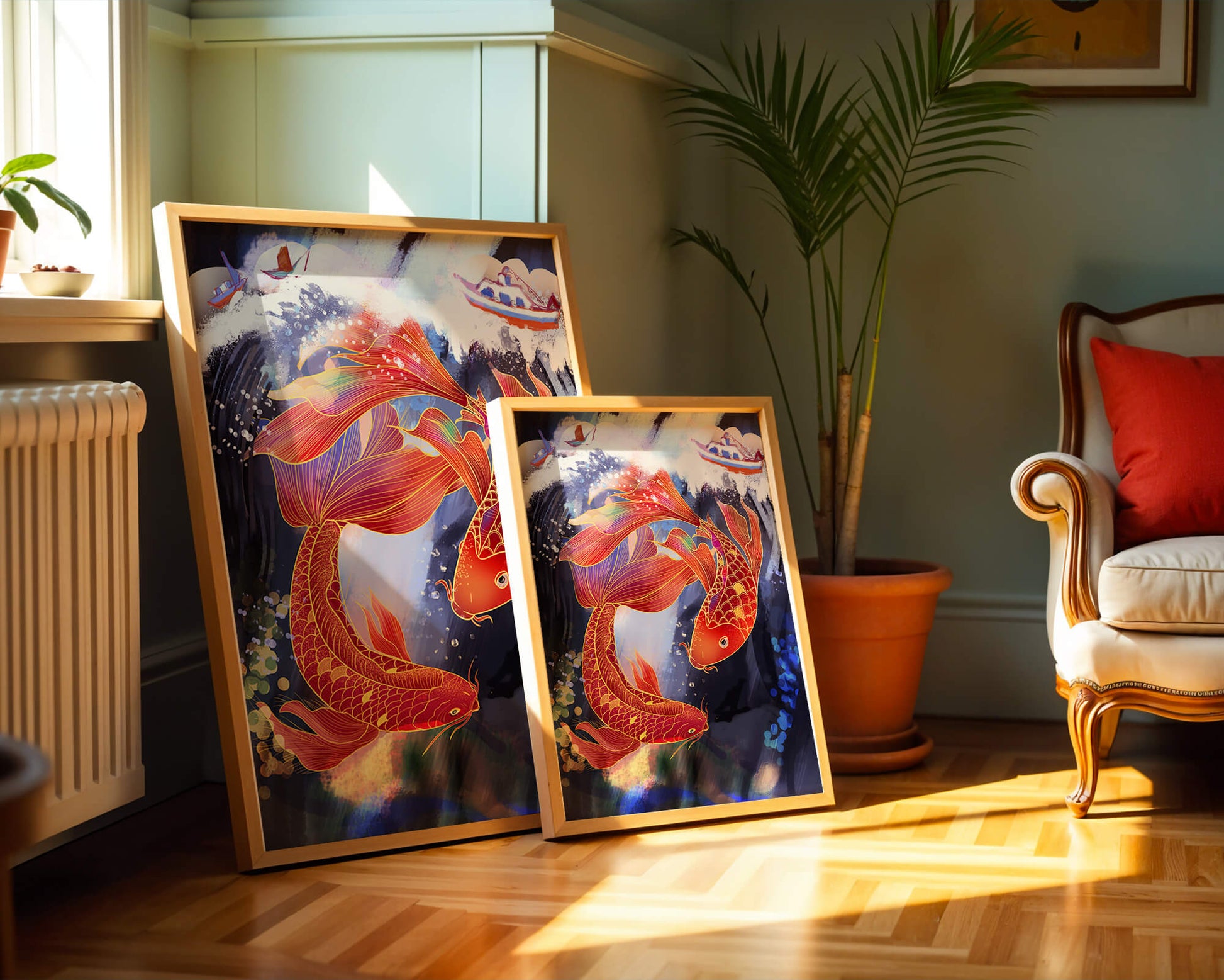 Representación artística de peces koi nadando con barcos en colores vibrantes.