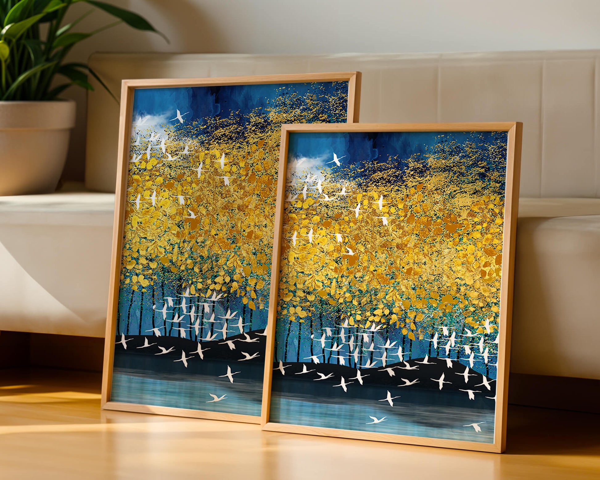 Paisaje abstracto con follaje dorado y pájaros volando