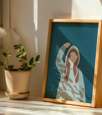 Illustrated girl with hoodie on teal background