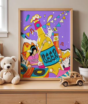 Vibrant Party Scene with DJ and Cartoon Characters