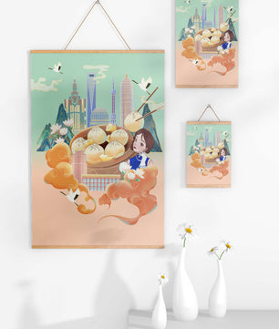 Illustration de la ligne d’horizon de Shanghai avec des raviolis et des éléments asiatiques