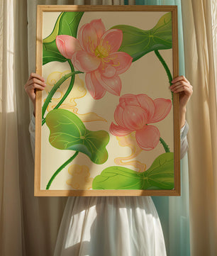 Illustration of pink lotus flowers with green leaves on a pastel background
