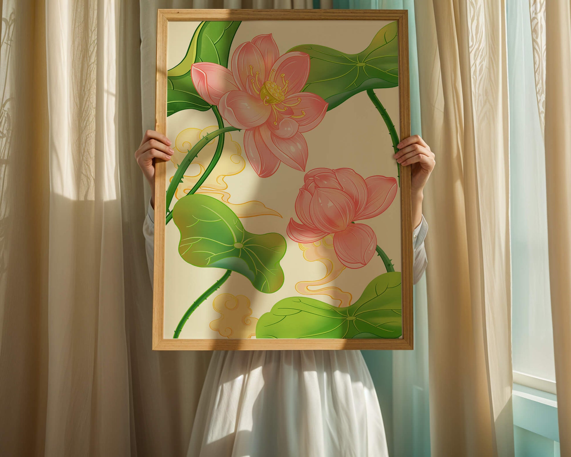 Illustration of pink lotus flowers with green leaves on a pastel background