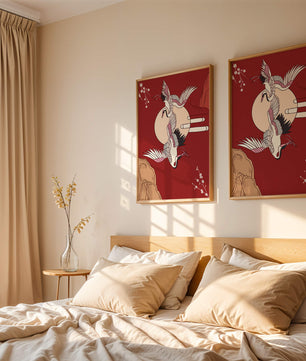 Elegant Asian-inspired artwork featuring flying cranes and cherry blossoms