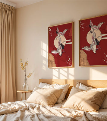 Elegant Asian-inspired artwork featuring flying cranes and cherry blossoms