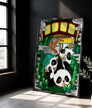 Ilustración de pandas encantadores disfrutando de helado bajo un puente de bambú