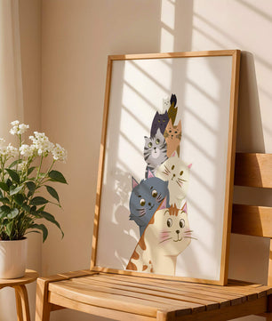 Stack of adorable cartoon cats with diverse patterns and colors