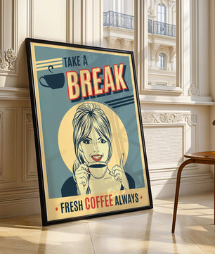 Retro Coffee Break Poster with Woman Holding a Cup - Mi tienda