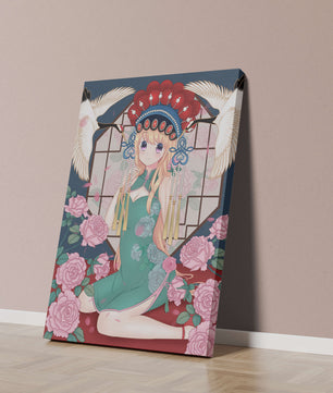 Chica anime elegante con atuendo tradicional y detalles florales y de grulla