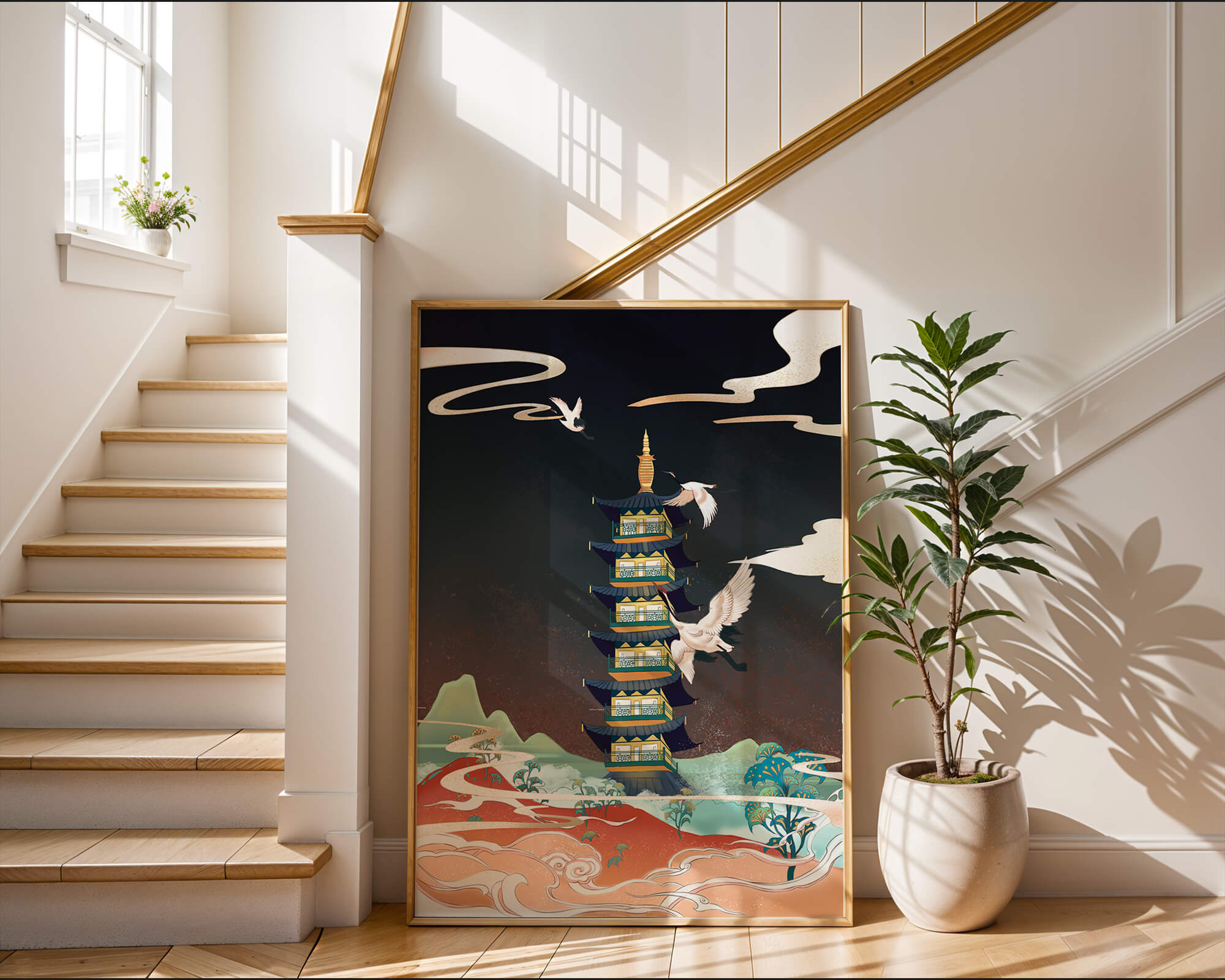 Illustrated scene of traditional pagoda with cranes in colorful landscape