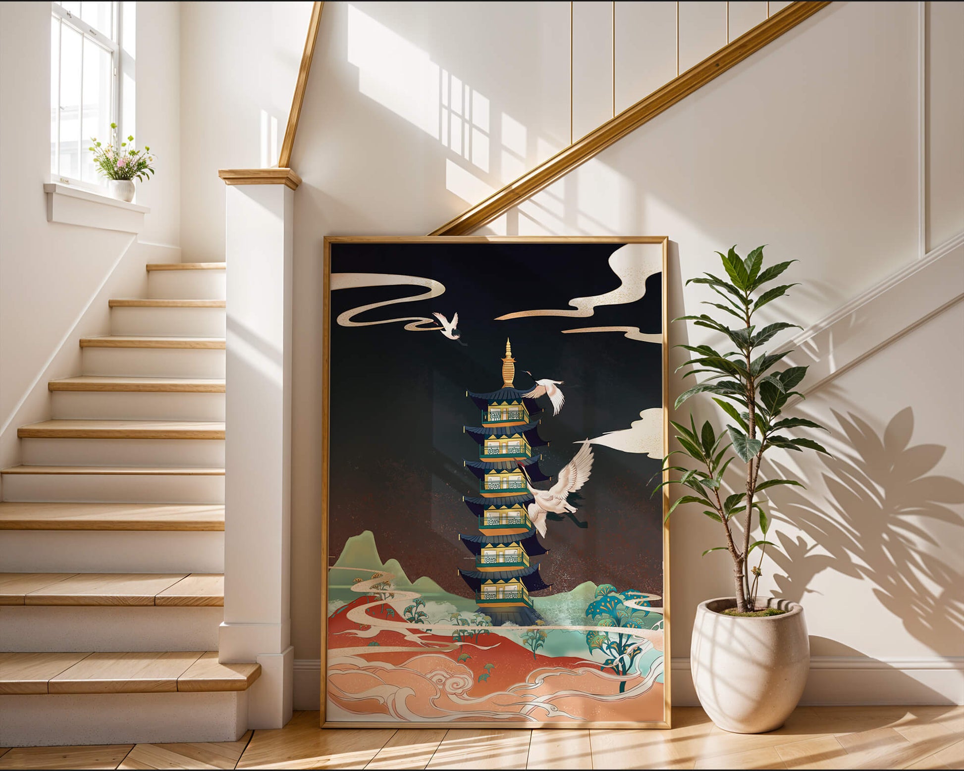Illustrated scene of traditional pagoda with cranes in colorful landscape