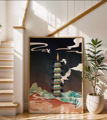 Illustrated scene of traditional pagoda with cranes in colorful landscape