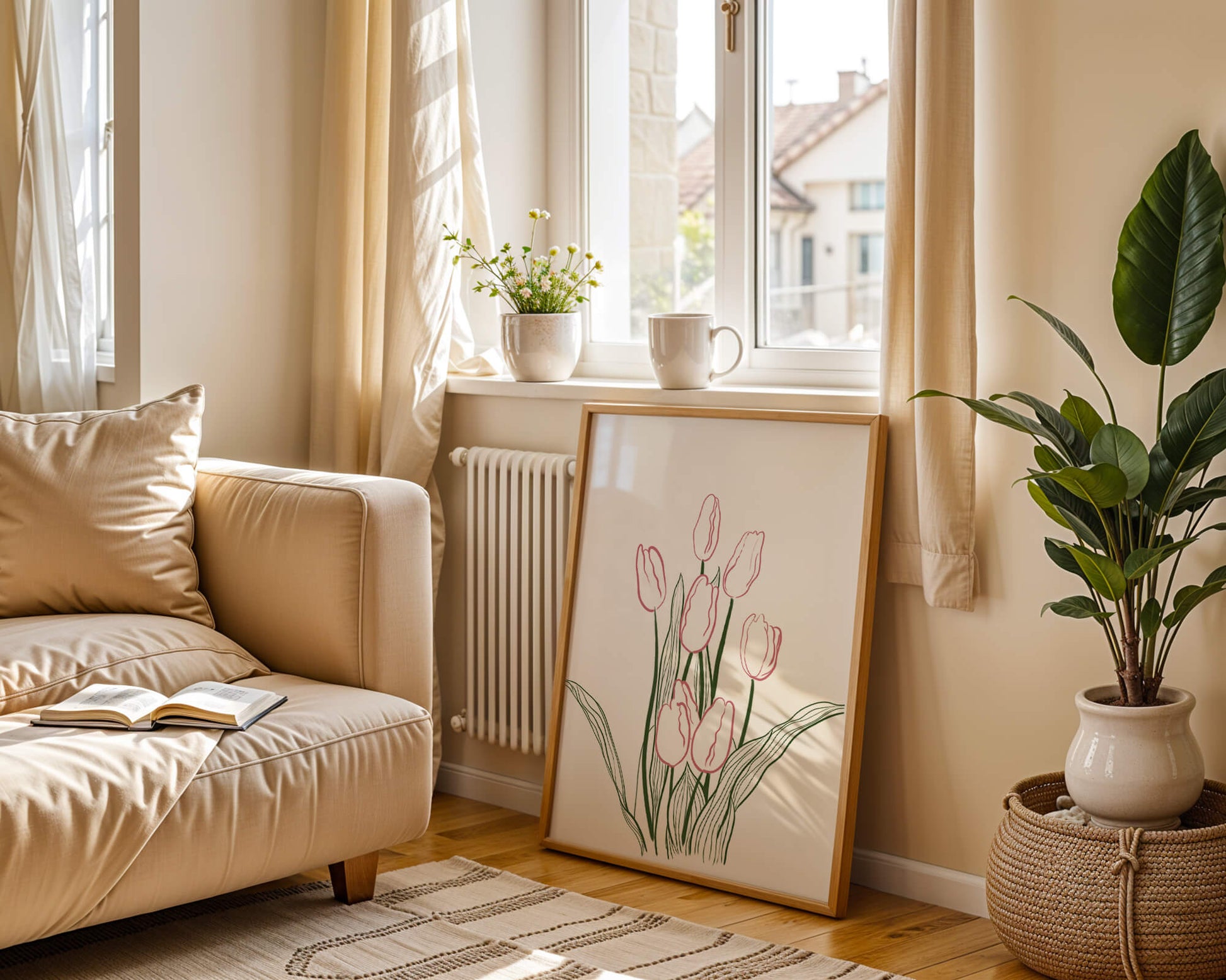 Wunderschöne rosa Tulpen mit grünen Blättern auf einer minimalistischen Leinwand