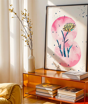 Abstract Floral Design with Pink Circles and Yellow Flower on White Background