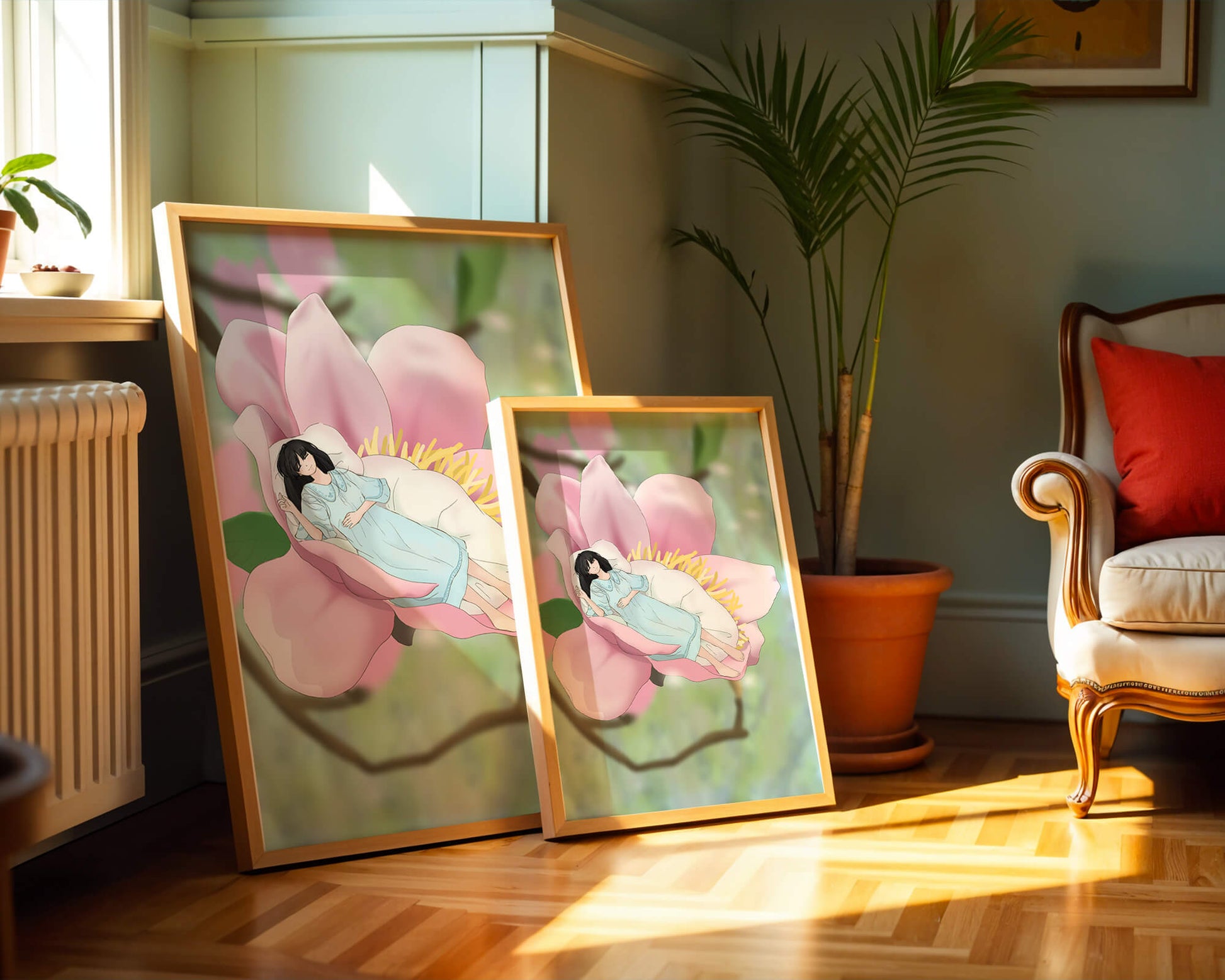 Dreamlike scene of a woman sleeping in a large pink flower