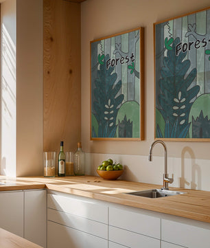 Illustrated forest scene with foliage and text