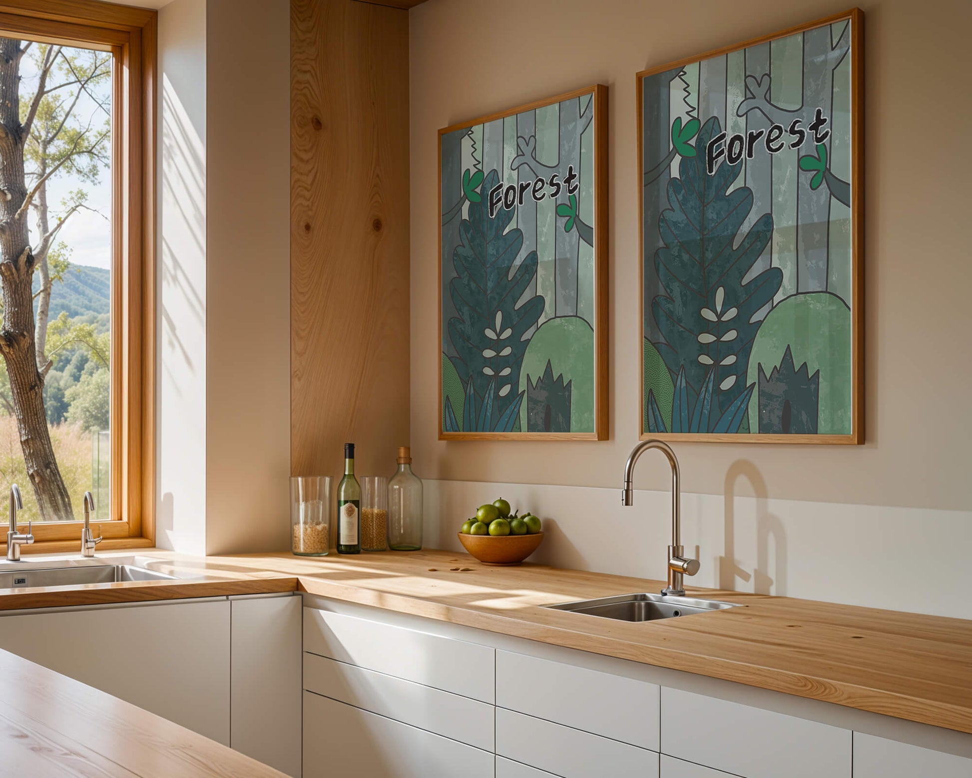 Illustrated forest scene with foliage and text