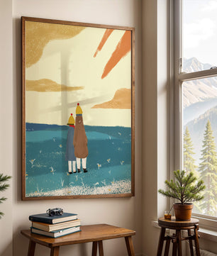 Two figures in winter clothing on a serene beach