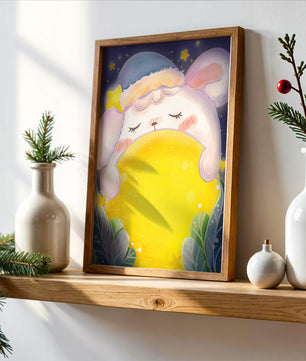 Sleepy rabbit with starry hat holding a glowing ball in a dreamy night scene