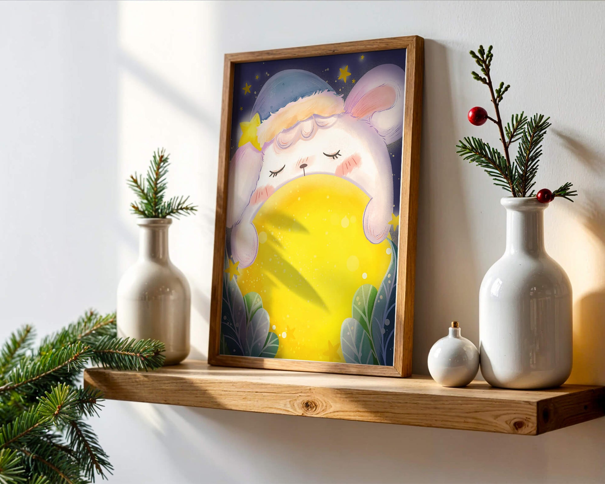 Sleepy rabbit with starry hat holding a glowing ball in a dreamy night scene