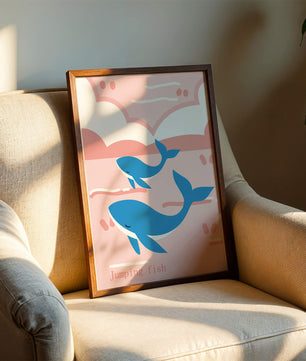 Playful whales illustration in pastel pink and blue