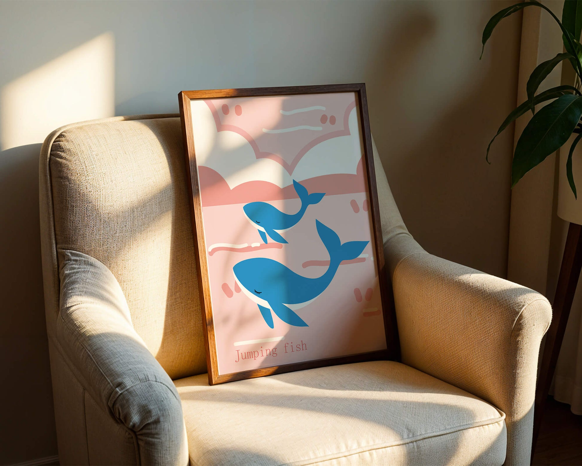 Playful whales illustration in pastel pink and blue