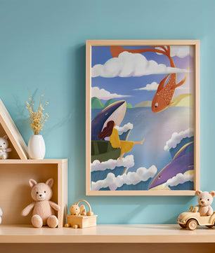 Escena onírica con vida marina y figura flotante en el cielo