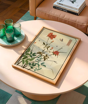 Delicate Floral Art with Red Flowers and Butterflies