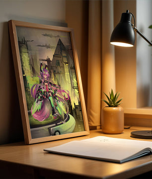 Cyberpunk-Anime-Figur im futuristischen Stadtbild 