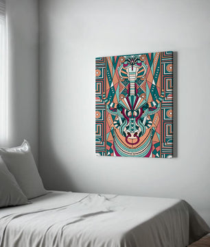 Patrón geométrico de animales con toro y cobra en colores vibrantes