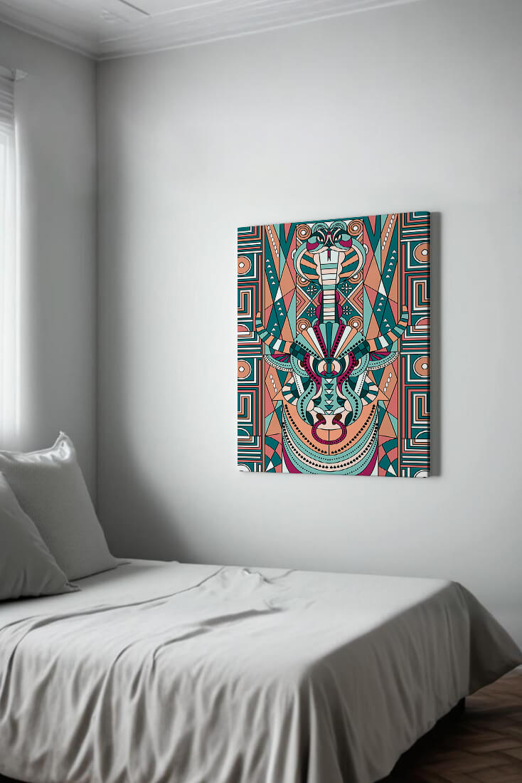 Patrón geométrico de animales con toro y cobra en colores vibrantes