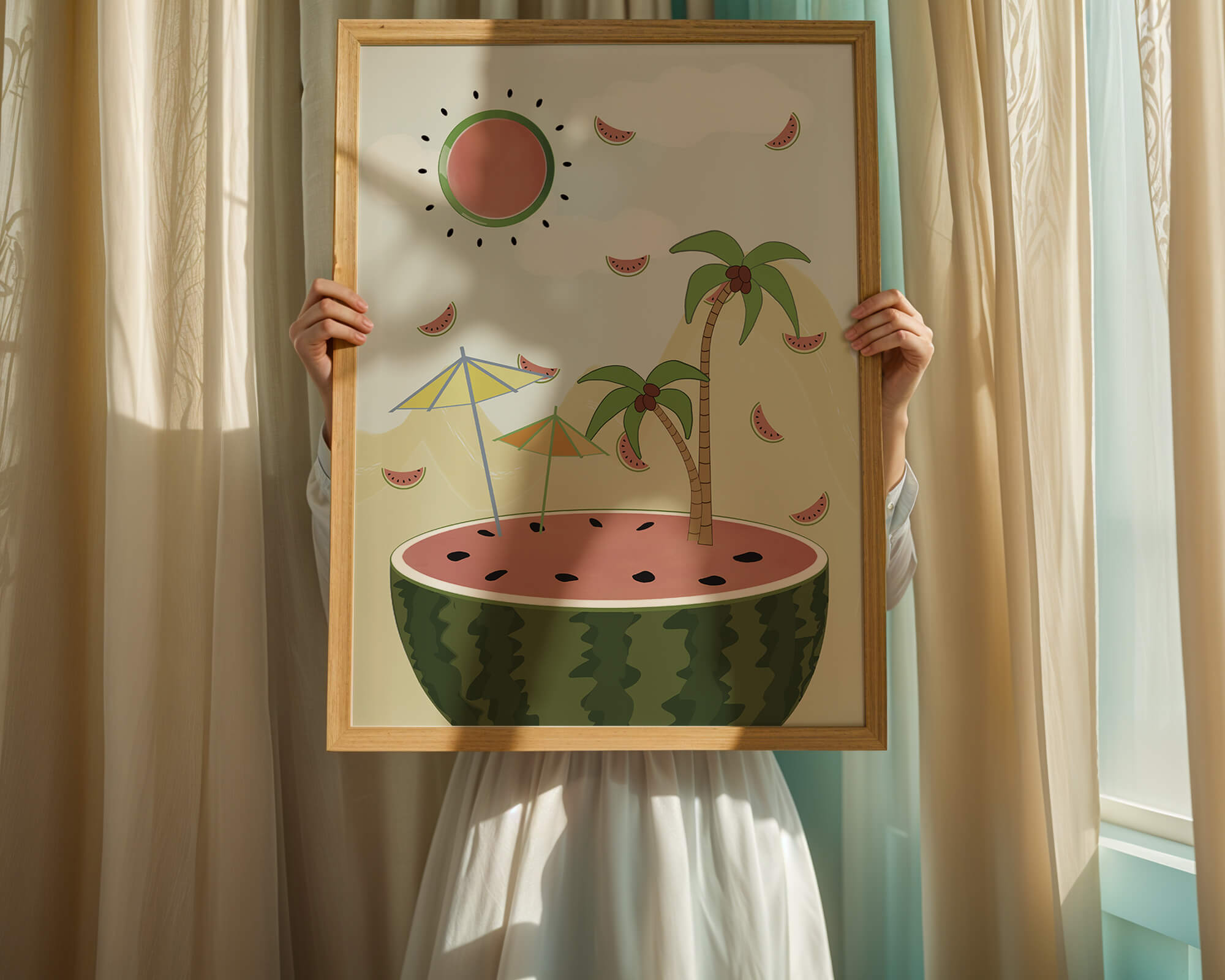 Summer Paradise with Watermelon Sun and Palms in Surreal Landscape