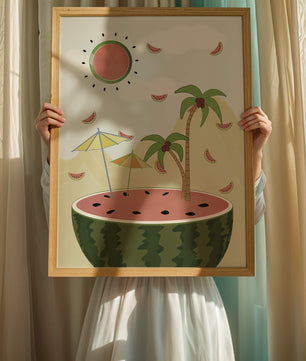 Summer Paradise with Watermelon Sun and Palms in Surreal Landscape