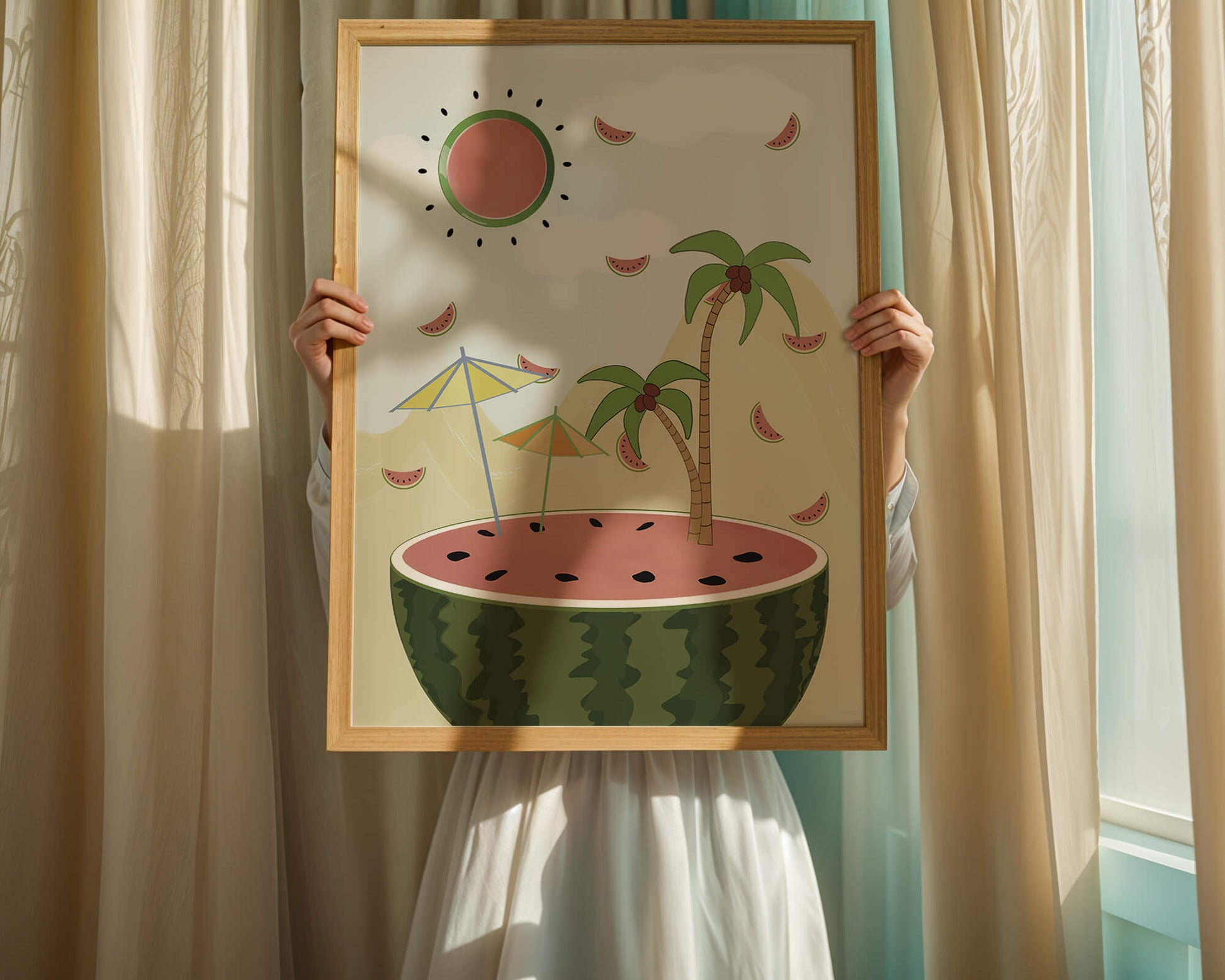 Summer Paradise with Watermelon Sun and Palms in Surreal Landscape
