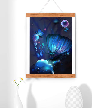 Illuminated Blue Butterflies with Glowing Bubbles in Enchanted Darkness