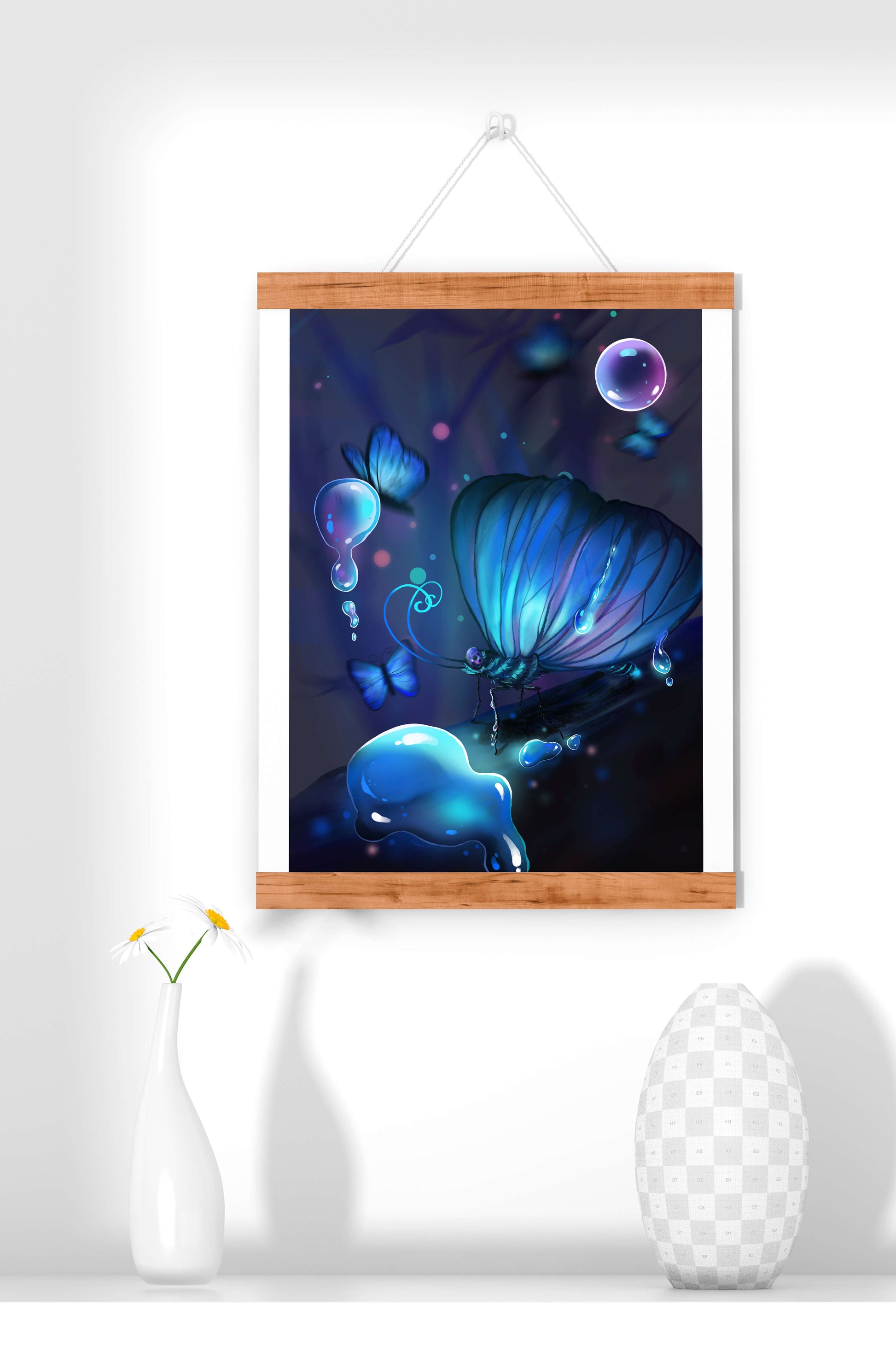 Illuminated Blue Butterflies with Glowing Bubbles in Enchanted Darkness