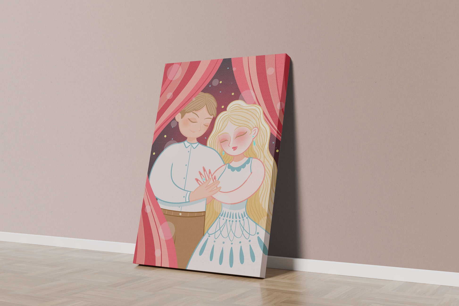 Romantic couple under red curtains with gentle embrace