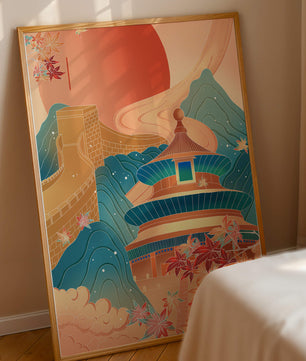 Illustration of Chinese architecture with the Great Wall and nature elements