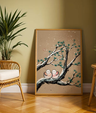 Illustration of birds on snow-covered branches in a winter landscape