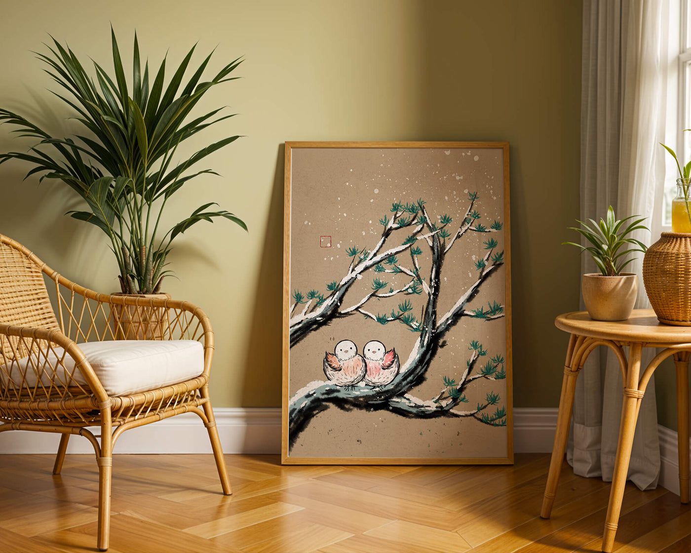 Illustration of birds on snow-covered branches in a winter landscape