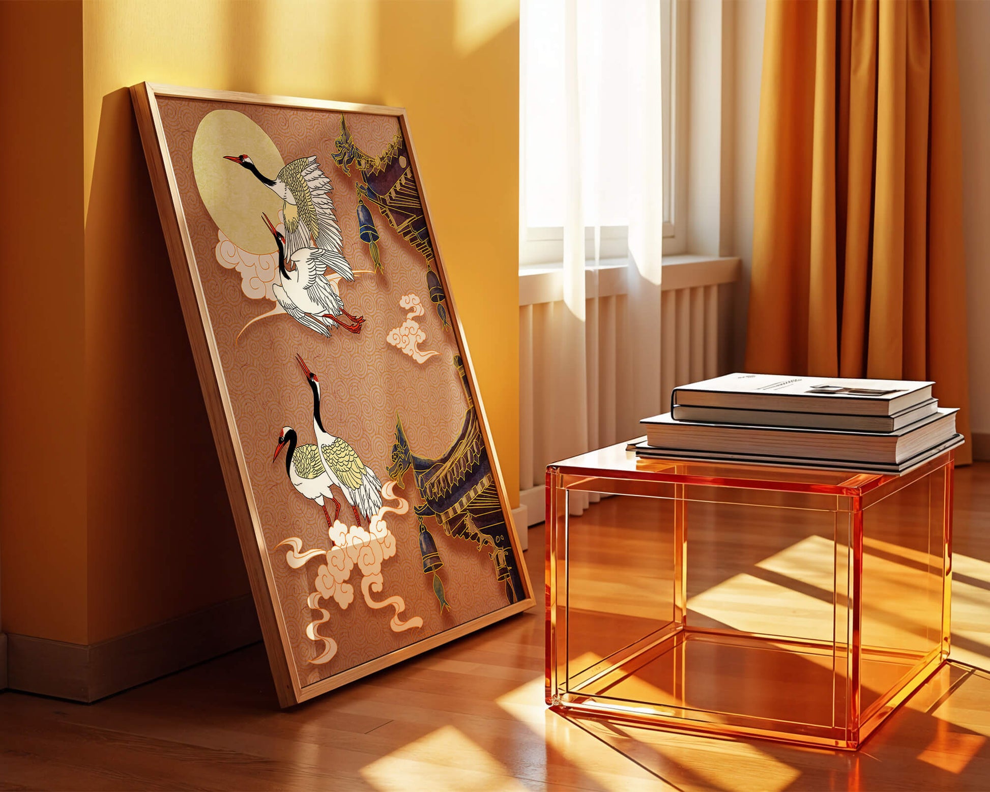 Oriental crane art with golden accents and architectural design