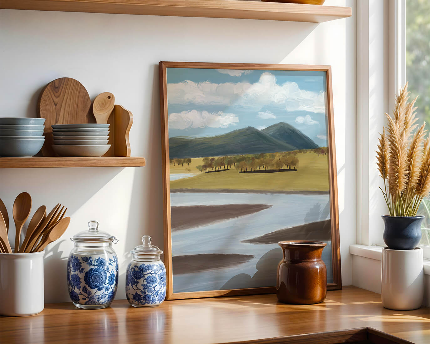 Serene Landscape with Mountains, Trees, and River