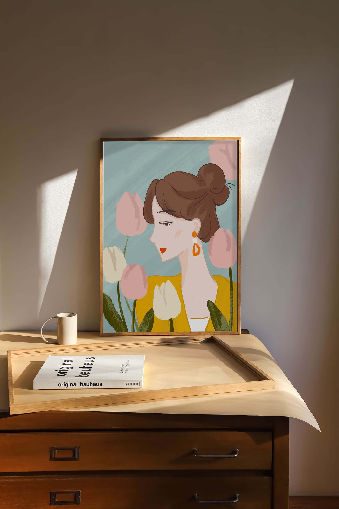Illustration of a woman with tulips and elegant earrings