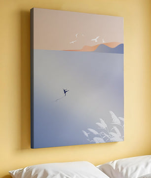 Serene Seaside with Dancer and Birds in Pastel Colors