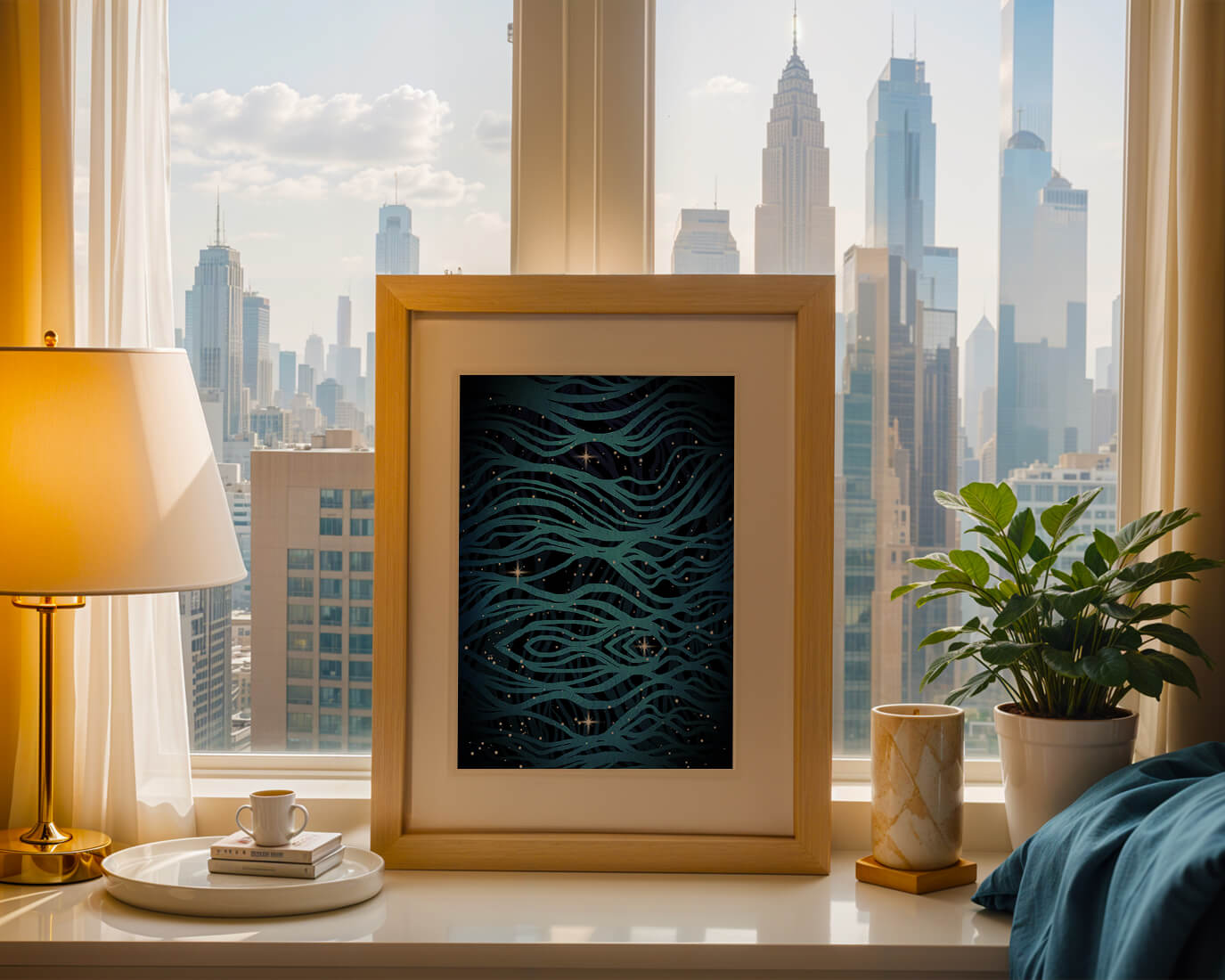 Abstract blue wave lines with starry night background