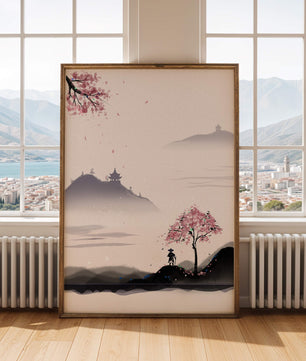 Paisaje sereno con árbol de cerezo y pagodas distantes